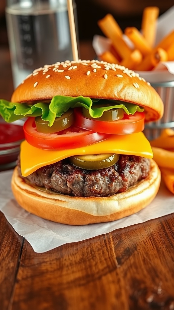 A classic cheeseburger with juicy beef patty, melted cheese, lettuce, and tomato on a toasted bun with fries.